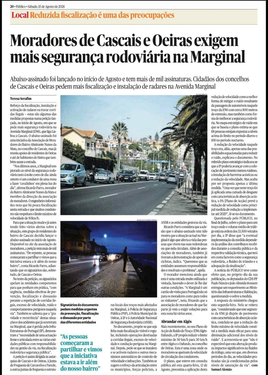 Notícia do Público de 15 de agosto de 2026 sobre o abaixo-assinado pela segurança na Marginal